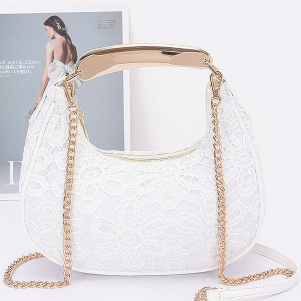 White Lace Shoulder Bag with Gold‎ Chain